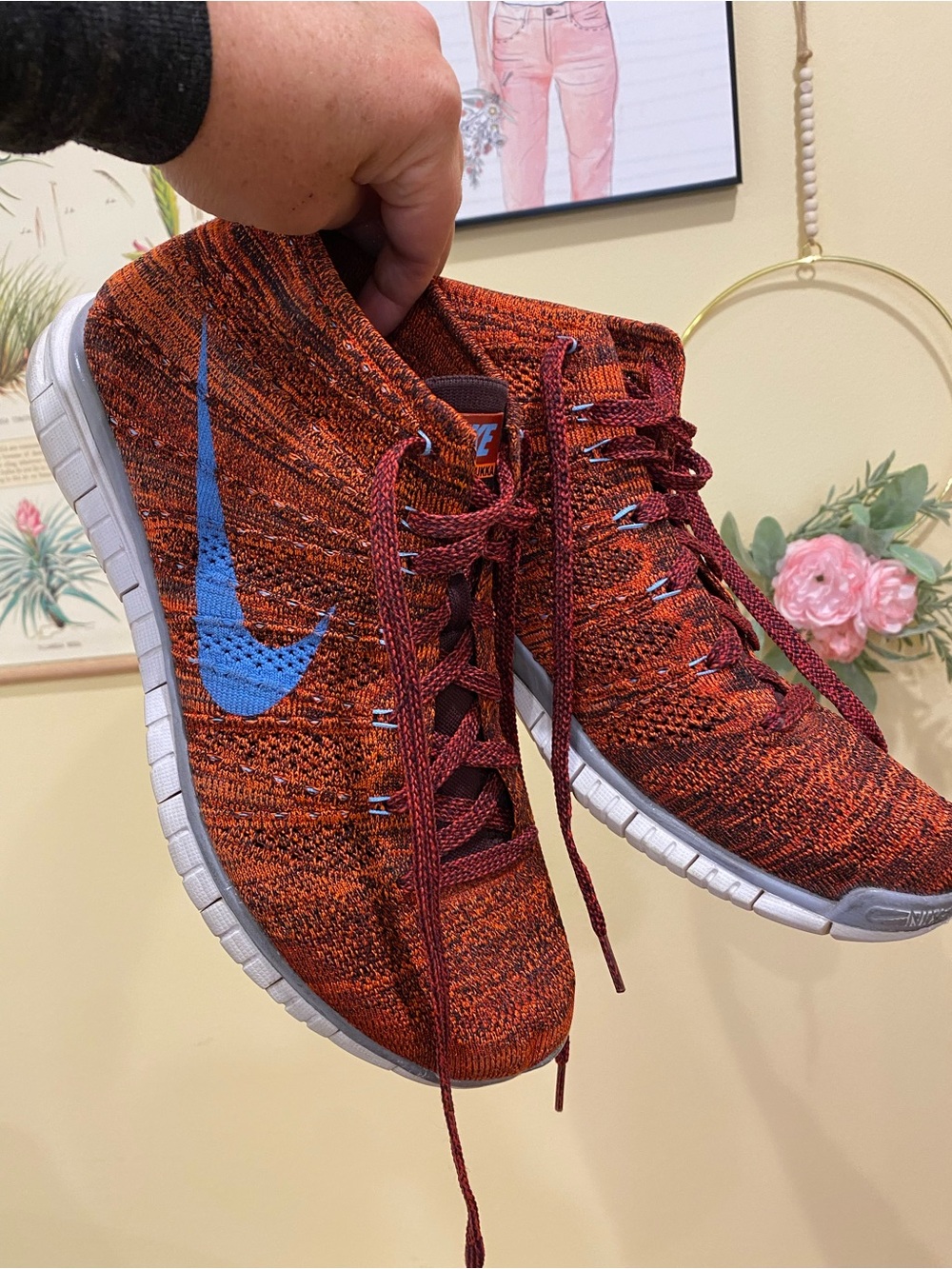 Nike Free Flyknit Chukka Running Shoes - Orange Knit with Blue Swoosh